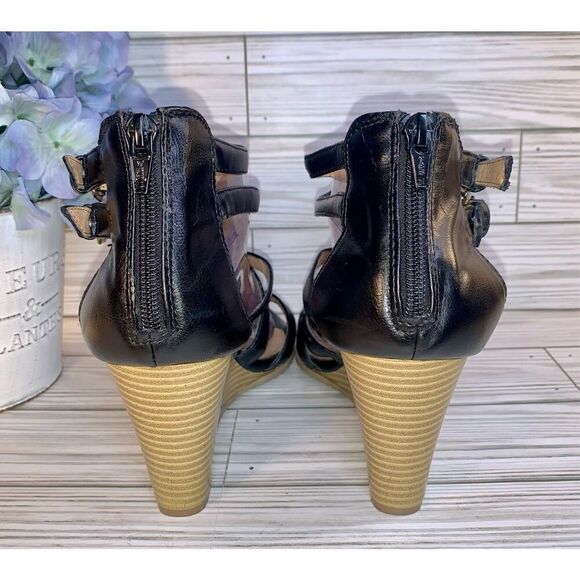 Attention Black Faux Leather Strappy Gladiator Platform Wedge Sandals S:9 - Picture 7 of 9